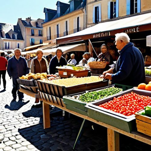 A vibrant, diverse group of adults and families enjoying a bustling outdoor local market in a picturesque French town square. They are interacting, smiling, and browsing stalls filled with fresh produce and artisanal crafts. All subjects are fully clothed in modest, comfortable, and appropriate attire. The setting is bright with natural sunlight, showcasing a lively community atmosphere. safe for work, appropriate content, fully clothed, modest, family-friendly, perfect anatomy, correct proportions, natural pose, well-formed hands, proper finger count, natural body proportions, professional photography, high resolution, sharp focus.