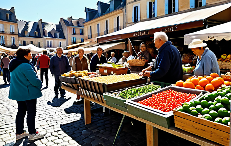 A vibrant, diverse group of adults and families enjoying a bustling outdoor local market in a picturesque French town square. They are interacting, smiling, and browsing stalls filled with fresh produce and artisanal crafts. All subjects are fully clothed in modest, comfortable, and appropriate attire. The setting is bright with natural sunlight, showcasing a lively community atmosphere. safe for work, appropriate content, fully clothed, modest, family-friendly, perfect anatomy, correct proportions, natural pose, well-formed hands, proper finger count, natural body proportions, professional photography, high resolution, sharp focus.