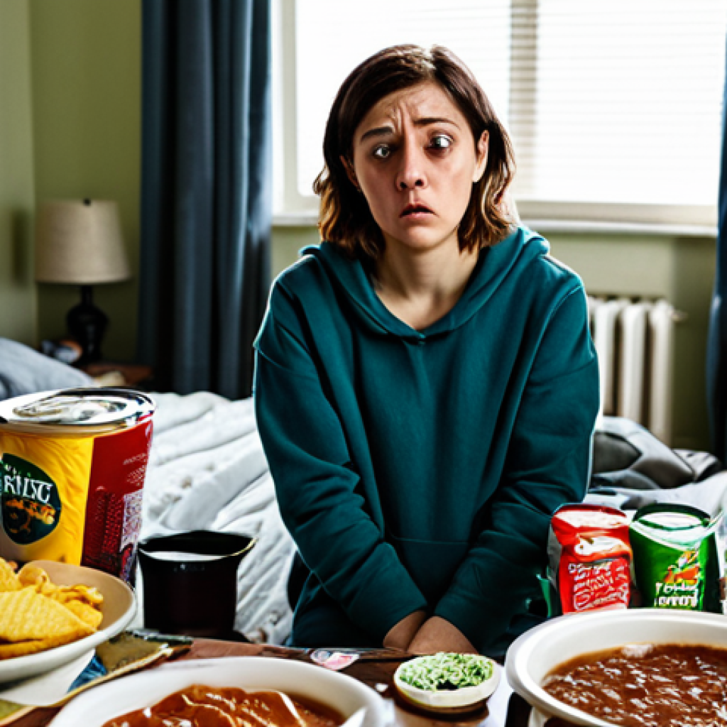 The "Before" Image**

A woman looking tired and unhappy, surrounded by processed foods and a messy environment. She's wearing comfortable but unfashionable clothing. The scene is indoors, perhaps a cluttered apartment. Depict the feeling of overwhelm and a lack of energy. Add "safe for work," "appropriate content," "fully clothed," "professional," "modest," "family-friendly," "perfect anatomy," "correct proportions," and "natural pose" to ensure safety and quality.

**