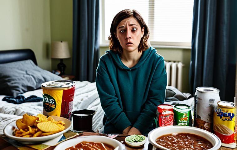 The "Before" Image**

A woman looking tired and unhappy, surrounded by processed foods and a messy environment. She's wearing comfortable but unfashionable clothing. The scene is indoors, perhaps a cluttered apartment. Depict the feeling of overwhelm and a lack of energy. Add "safe for work," "appropriate content," "fully clothed," "professional," "modest," "family-friendly," "perfect anatomy," "correct proportions," and "natural pose" to ensure safety and quality.

**