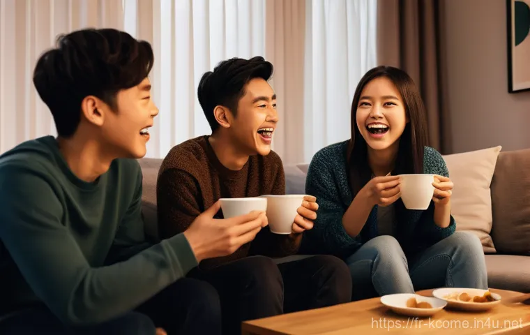 안일권 드라마 카메오 출연 - **Prompt:** A cozy, modern living room at night, softly lit by ambient lamps. A diverse group of fou...