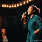 박소영 개그맨 준비 과정 - **Prompt:** A young, diverse female comedian, dressed in a stylish yet modest jumpsuit, stands cente...