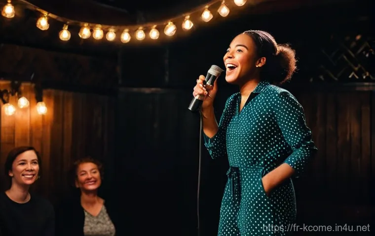 박소영 개그맨 준비 과정 - **Prompt:** A young, diverse female comedian, dressed in a stylish yet modest jumpsuit, stands cente...