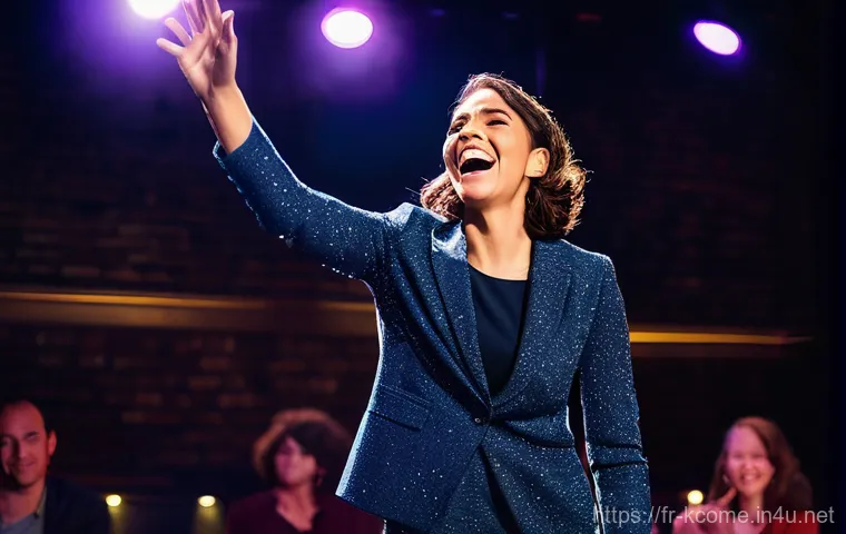 이현정 여성 개그맨의 어려움 - **Prompt:** A dynamic, full-body shot of a female stand-up comedian on a brightly lit stage in a pac...