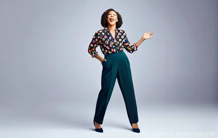 이현정 여성 개그맨의 어려움 - **Prompt:** A dynamic, full-body shot of a female stand-up comedian on a brightly lit stage in a pac...