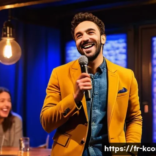 김지호 개그맨으로서의 전환점 - A charismatic French stand-up comedian performing on a cozy Parisian comedy club stage, mid-performa...