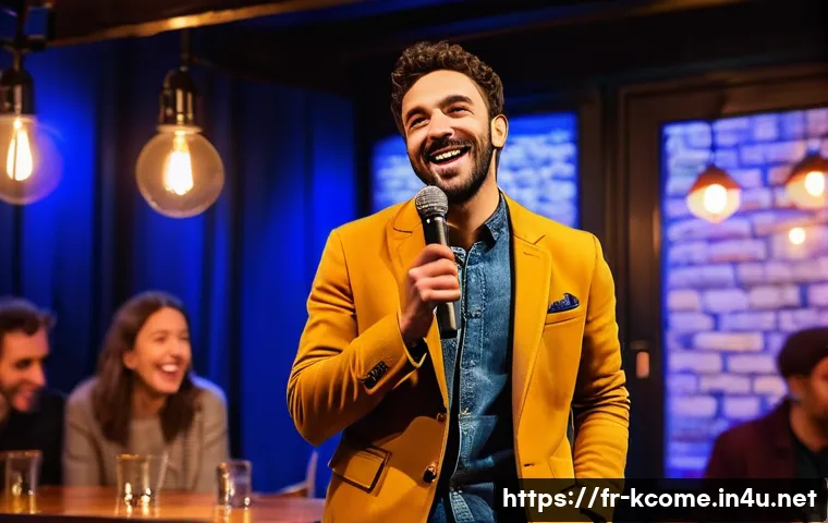 김지호 개그맨으로서의 전환점 - A charismatic French stand-up comedian performing on a cozy Parisian comedy club stage, mid-performa...