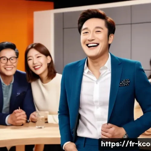 문세윤 인기 예능 - A vibrant French talk-show studio scene featuring a charismatic male comedian resembling Moon Se-yoo...
