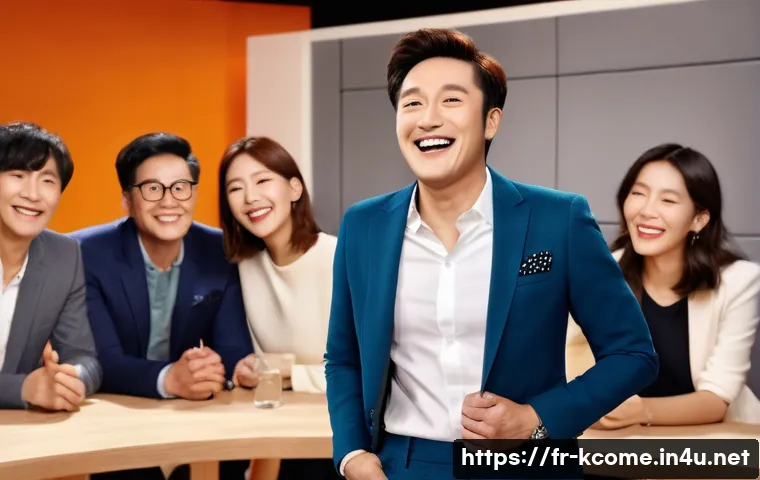 문세윤 인기 예능 - A vibrant French talk-show studio scene featuring a charismatic male comedian resembling Moon Se-yoo...