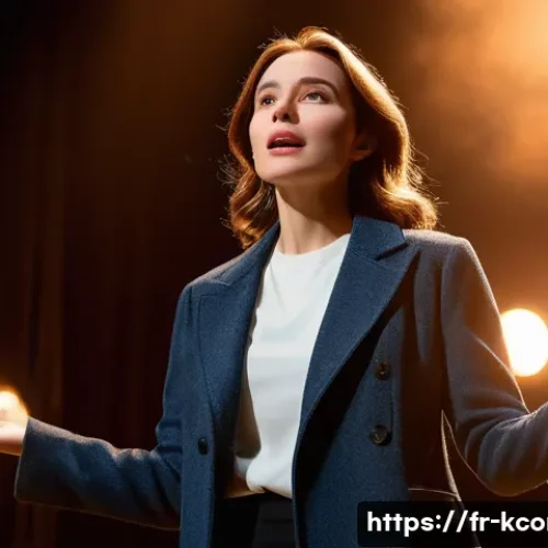 김기리 연기 도전 이야기 - A charismatic female actor rehearsing on a modern theater stage, wearing stylish casual clothes and ...