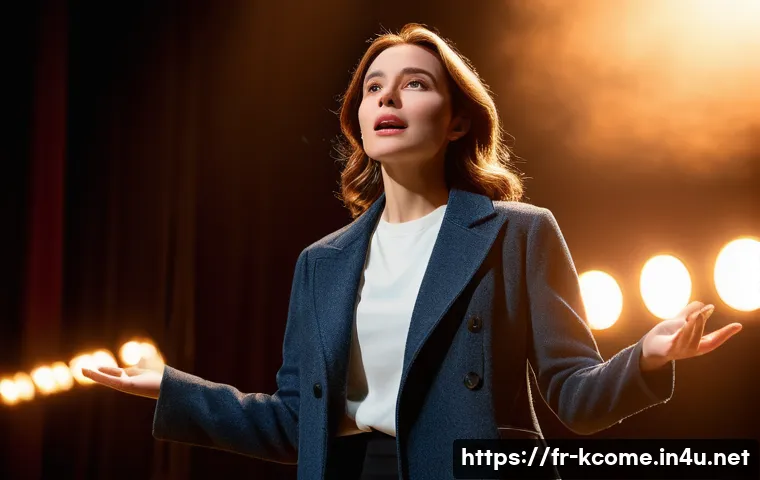 김기리 연기 도전 이야기 - A charismatic female actor rehearsing on a modern theater stage, wearing stylish casual clothes and ...