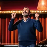 정준하 데뷔 이야기 - A charismatic middle-aged male comedian on a vibrant stage in a cozy French comedy club, wearing cas...