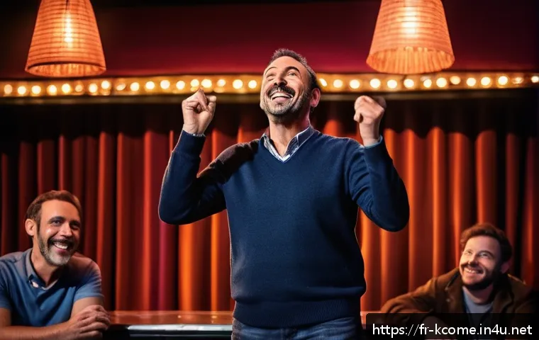 정준하 데뷔 이야기 - A charismatic middle-aged male comedian on a vibrant stage in a cozy French comedy club, wearing cas...